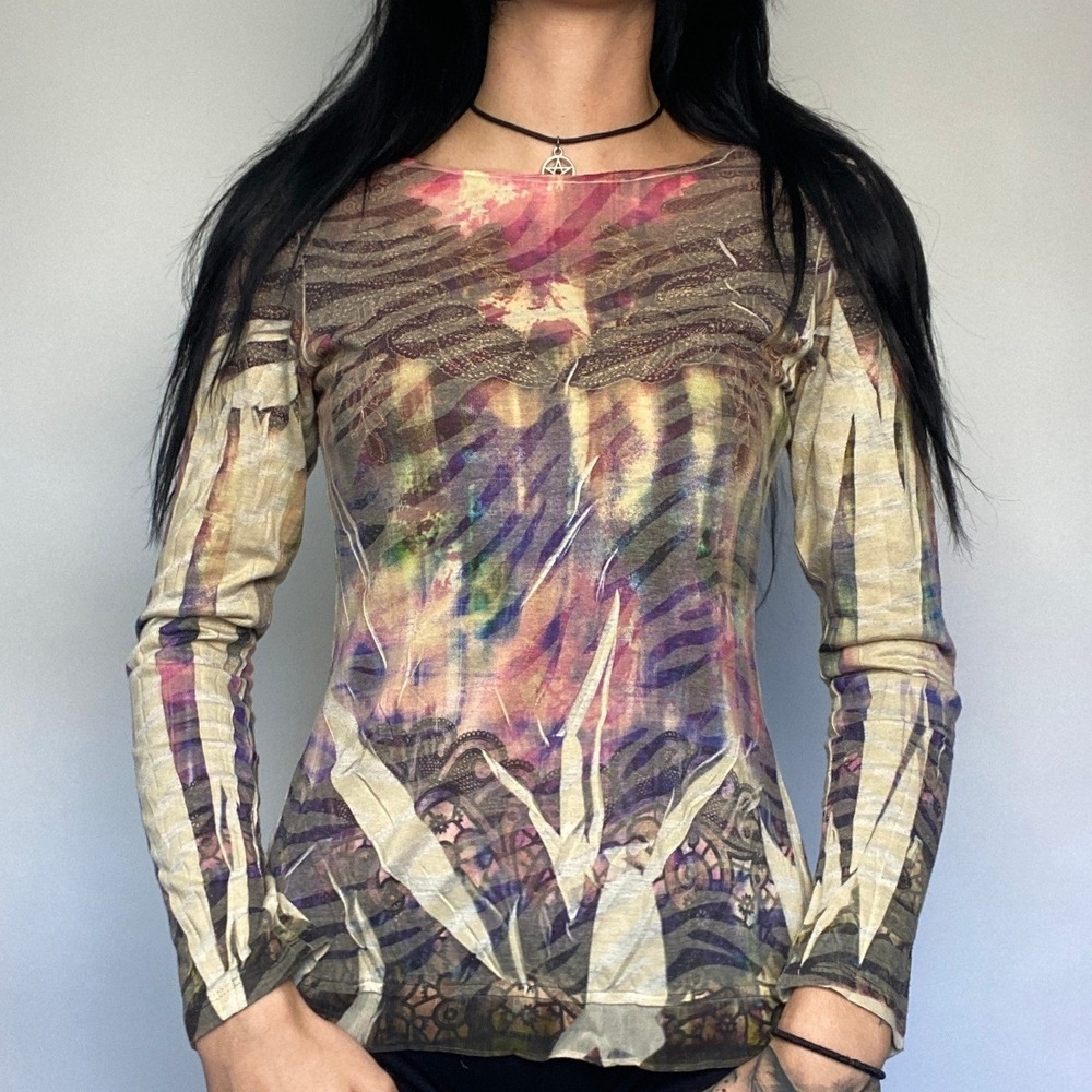 Y2K Tan Abstract Print Mesh Top Zebra Lace Fairy Grunge Long Sleeve